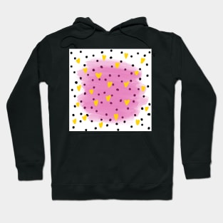 Abstract yellow hearts in blue watercolour brushes and black dots around Hoodie